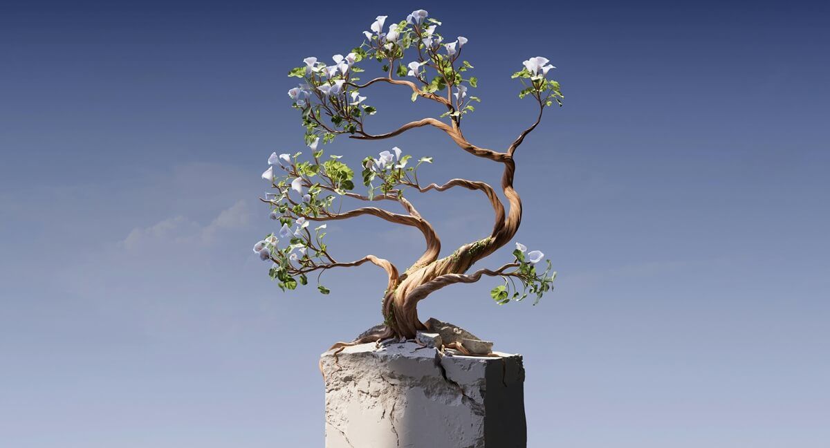 Un bonsai crece en un bloque de hormigón. Imagen generada por Inteligencia Artificial. Un bonsai crece en un bloque de hormigón. Imagen generada por Inteligencia Artificial.