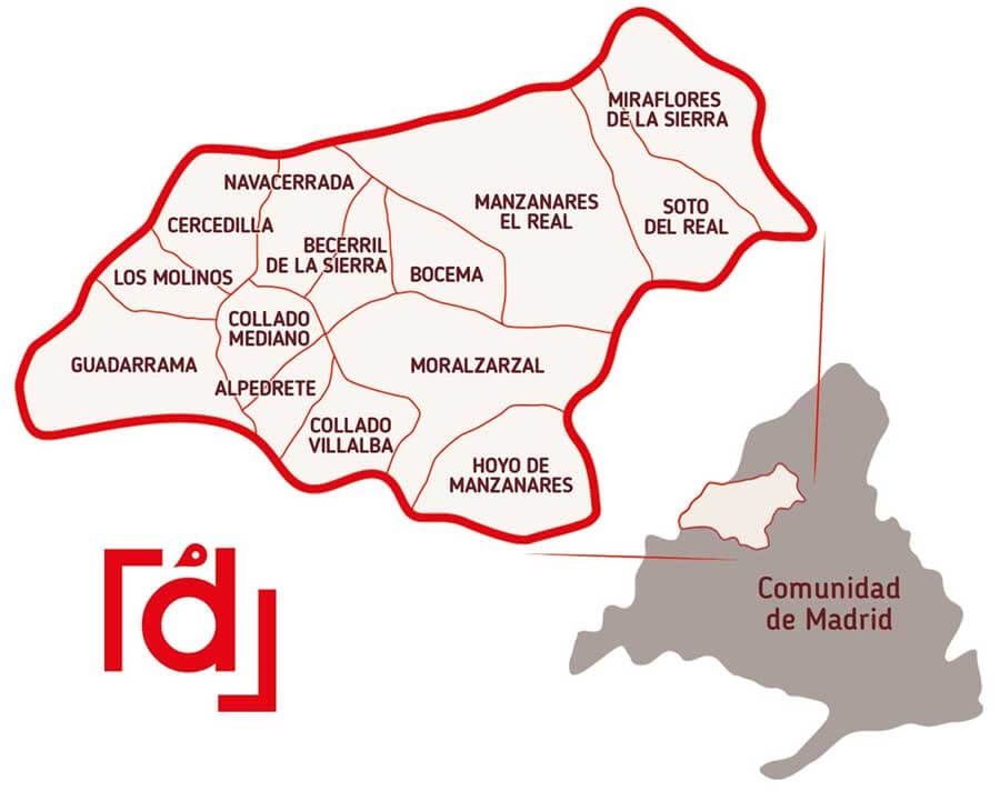 Mapa de actuación del proyecto, que engloba varios municipios de la Sierra de Guadarrama, en España.