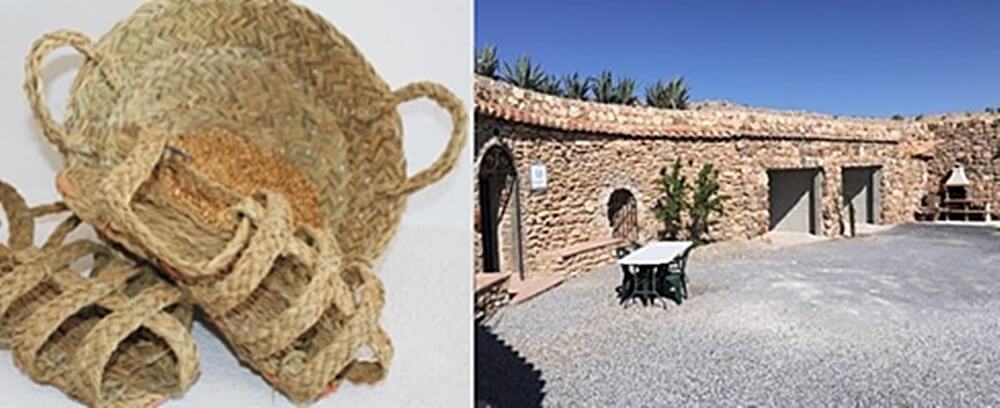 Ejemplo de trabajo con esparto, tradicional en la zona (izquierda) y de casas-cueva reconvertidas en alojamientos rurales (derecha)