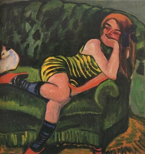 Cuadro: Girl on a Green Sofa with a Cat de Max Pechstein (1910),