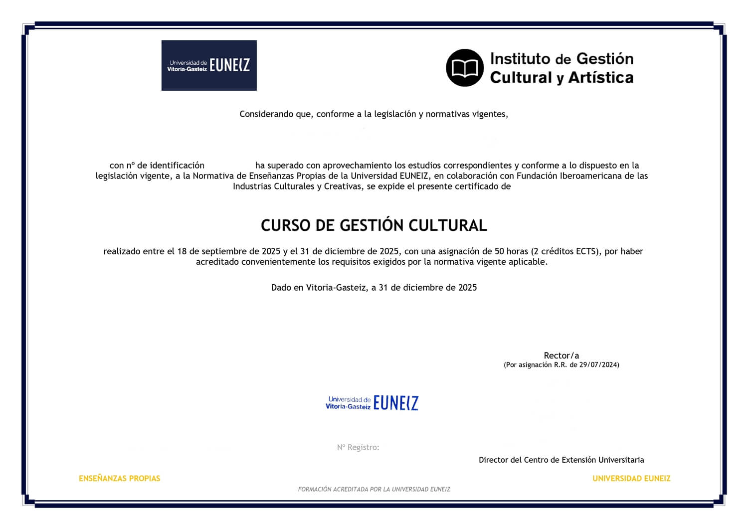 Modelo certificado Curso Universitario de Especialización IGECA